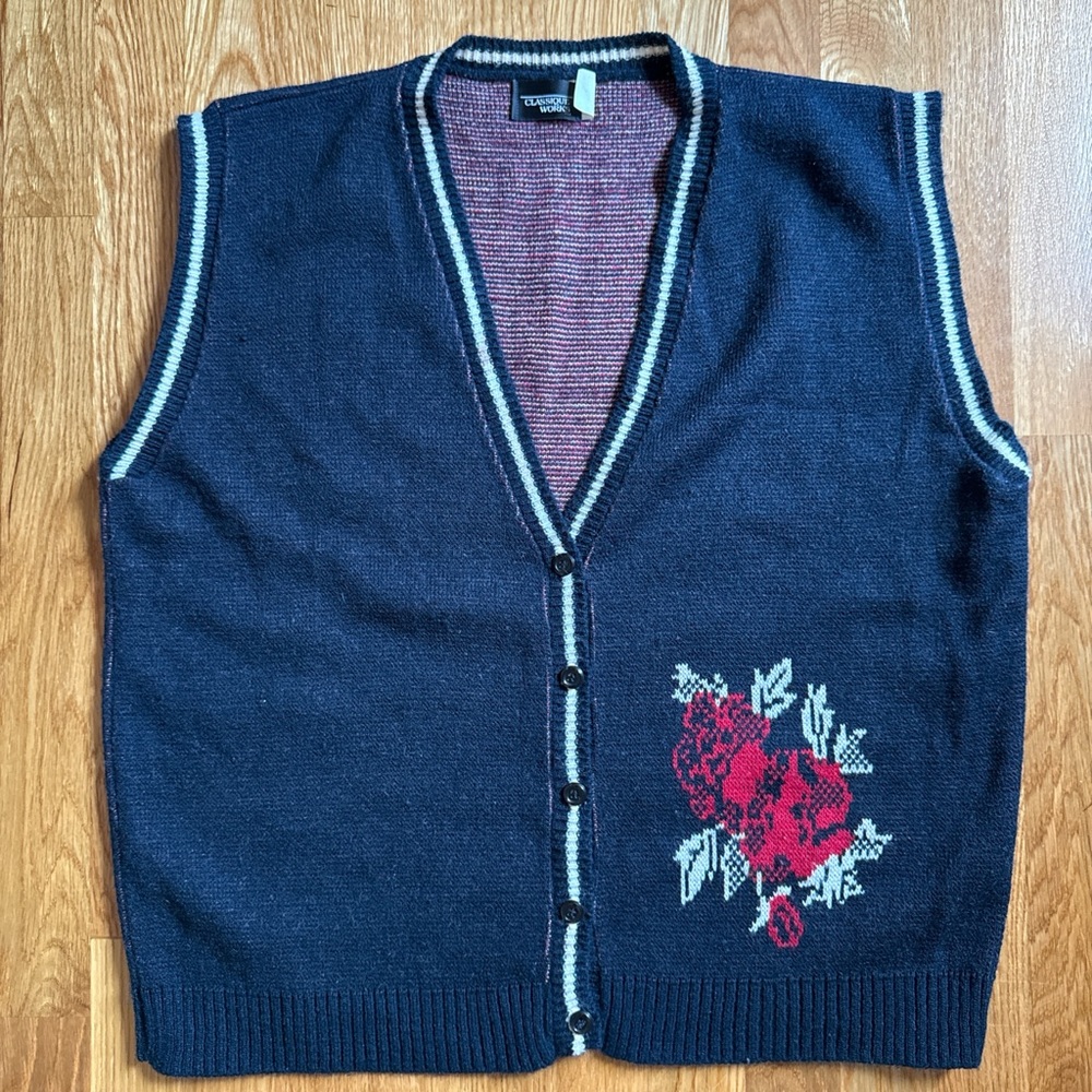 Navy Blue Floral Sweater Vest